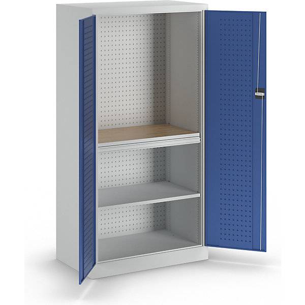 kaiserkraft 453762 Werkzeugschrank mit Lochprägung, 1 Schublade, 1 Fachboden, 1 Arbeitsplatte, Türen enzianblau.-0