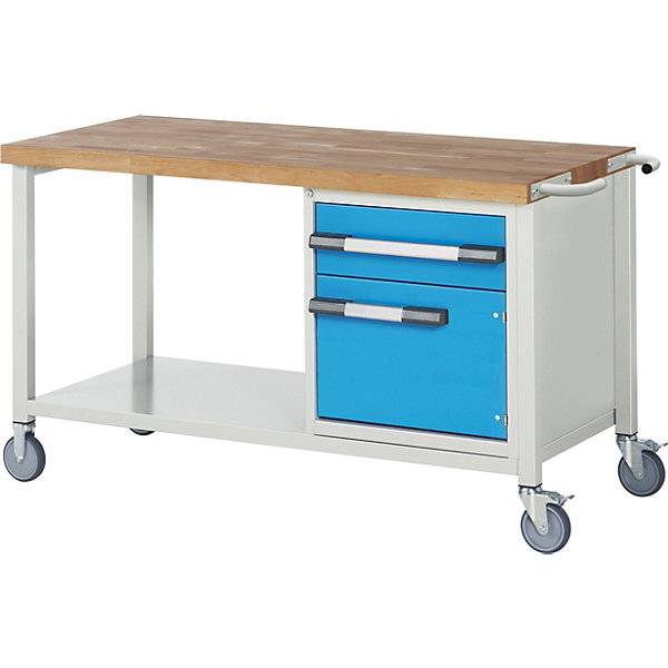 Fahrbare Werkbank Serie 8000 Gestellbauweise 1 Schublade 1 Tür Ablageboden BxT 1500 x 700 mm. TAKKT