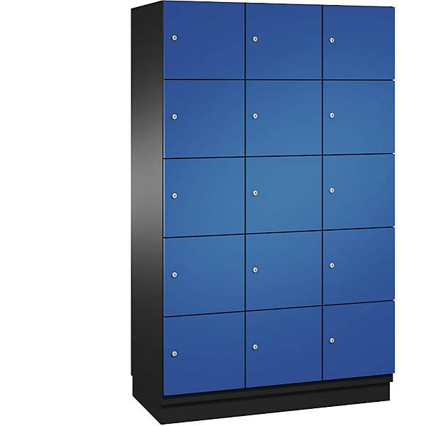 5er-Schließfachschrank Cambio 3 Abteile schwarzgrau / enzianblau Stahlblech-Tür B 1200 mm 15 Fächer. C+P