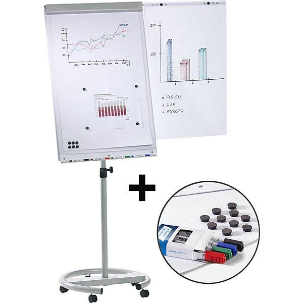 Flipchart-Set inkl. Zubehör höhenverstellbar 1700 - 2000 mm mit stabilem Rundfuß Ø 640 mm 5 Lenkrollen. Smit-0