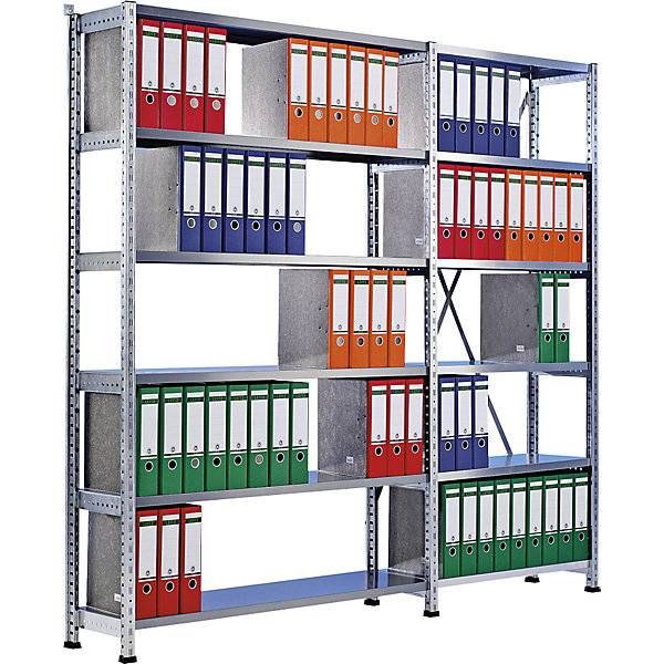 Ordner- und Archiv-Steckregal verzinkt Höhe 2280 mm einseitig Boden-BxT 800 x 300 mm Grundfeld. Scholz-0