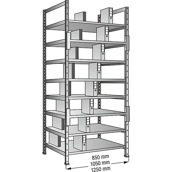 Ordner- und Archiv-Steckregal verzinkt Höhe 3000 mm doppelseitig Boden-BxT 800 x 600 mm Grundfeld. Scholz