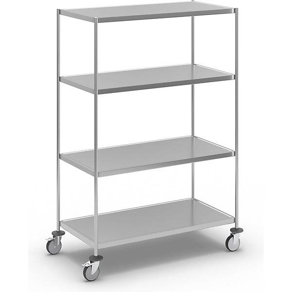 Kongamek Edelstahl- Etagenwagen vollständig geschweißt, 4 Ladeflächen 1050x550mm Gummibereifung m-0