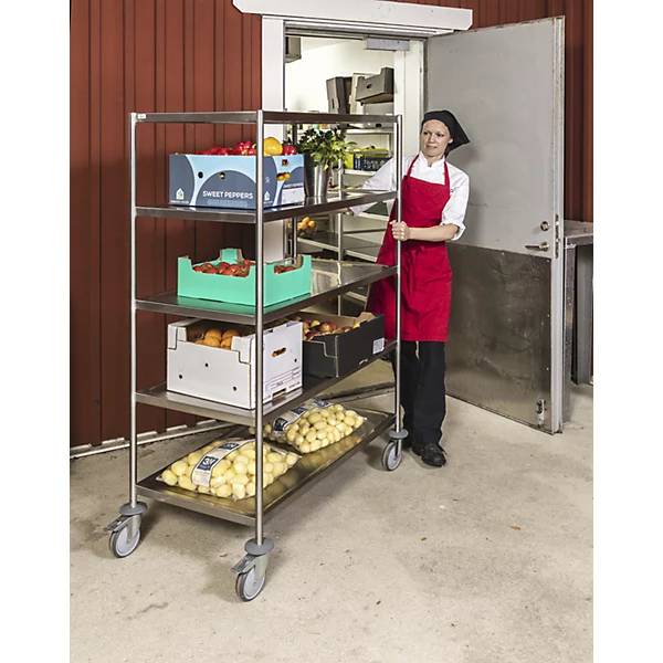 Kongamek Edelstahl- Etagenwagen vollständig geschweißt, 4 Ladeflächen 1050x550mm Gummibereifung m-1