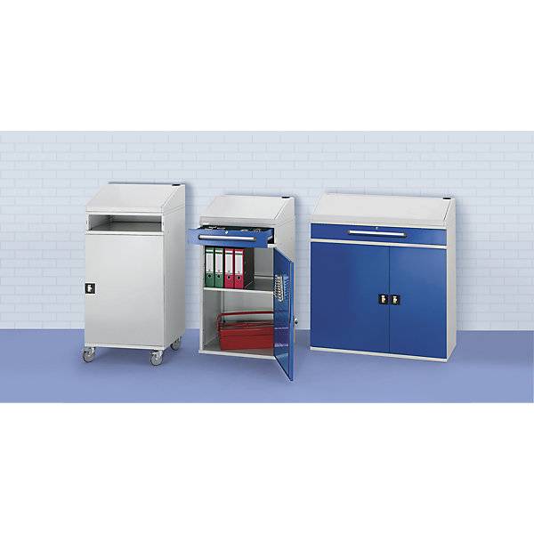 Industrie-Stehpult mit offenem Fach über dem Schrank Breite 650 mm lichtgrau. Rau GmbH 52301349-1