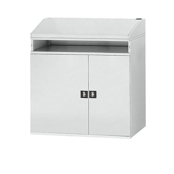 Industrie-Stehpult mit offenem Fach über dem Schrank Breite 1100 mm lichtgrau. Rau GmbH 52301749-0