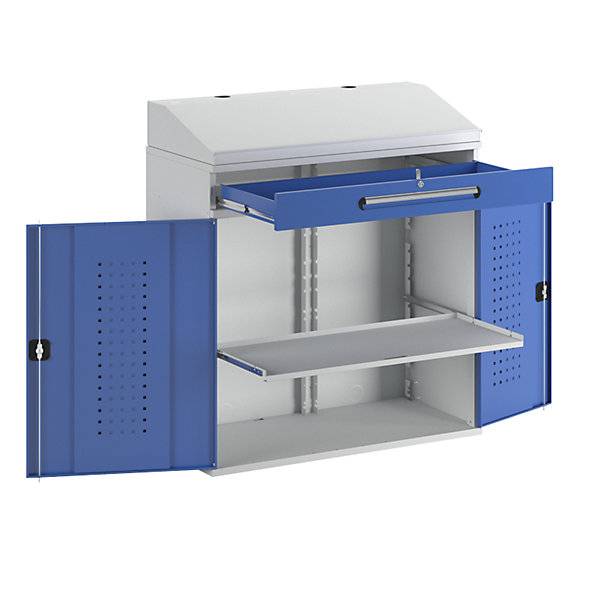 Industrie-Stehpult mit 1 Schublade über dem Schrank Breite 1100 mm lichtgrau / enzianblau. Rau GmbH 52302149-0