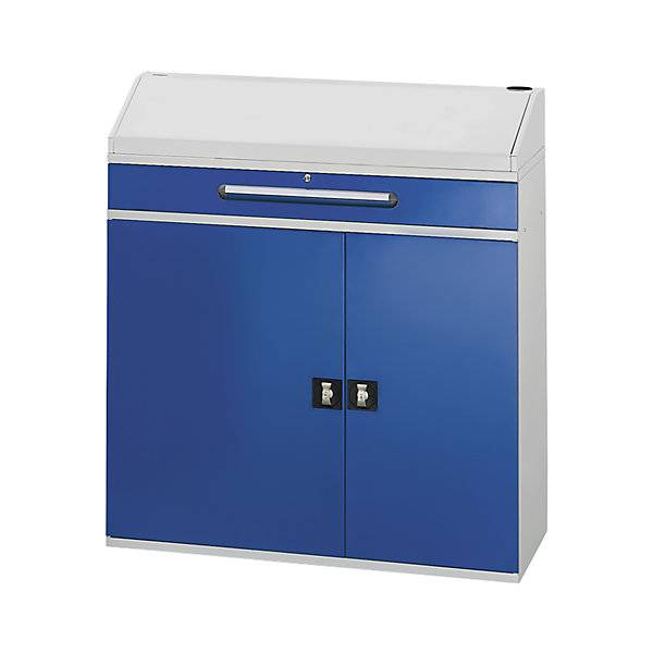 Industrie-Stehpult mit 1 Schublade über dem Schrank Breite 1100 mm lichtgrau / enzianblau. Rau GmbH 52302149-2
