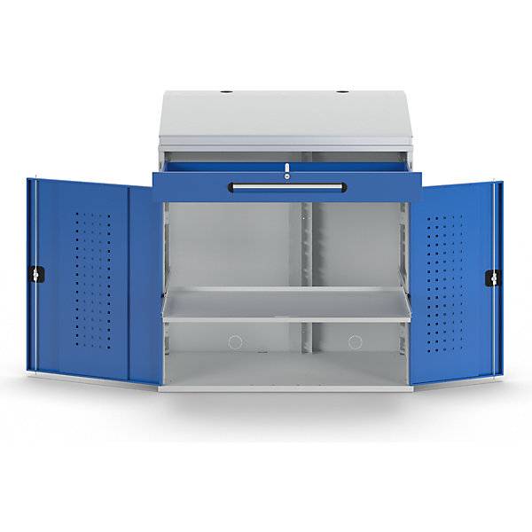 Industrie-Stehpult mit 1 Schublade über dem Schrank Breite 1100 mm lichtgrau / enzianblau. Rau GmbH 52302149-3
