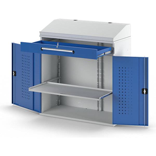 Industrie-Stehpult mit 1 Schublade über dem Schrank Breite 1100 mm lichtgrau / enzianblau. Rau GmbH 52302149-4