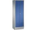 CLASSIC Garderobenschrank mit Sockel 4 Fachböden Kleiderstange Abteile 2 x 300 mm weißaluminium / enzianblau.