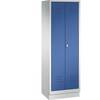 CLASSIC Garderobenschrank mit Sockel 4 Fachböden Kleiderstange Abteile 2 x 300 mm lichtgrau / enzianblau. C+P