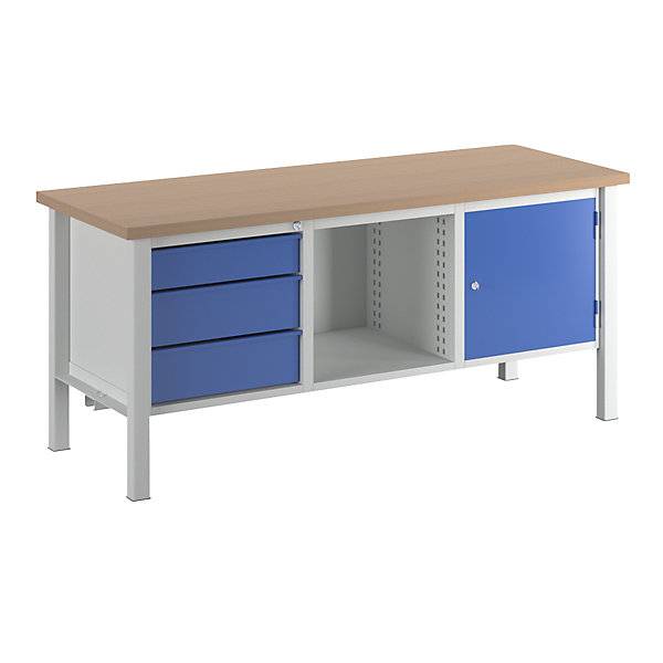 Werkbank Breite 2000 mm 3 Schubladen 1 x 125 / 2 x 175 mm 1 Tür 475 mm lichtgrau/enzianblau. TAKKT Industrial-0