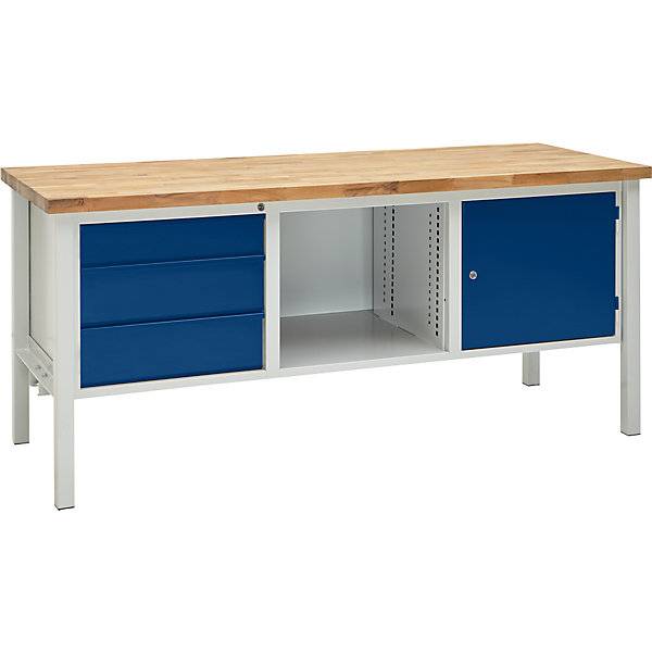 Werkbank Breite 2000 mm 3 Schubladen 1 x 125 / 2 x 175 mm 1 Tür 475 mm lichtgrau/enzianblau. TAKKT Industrial-1