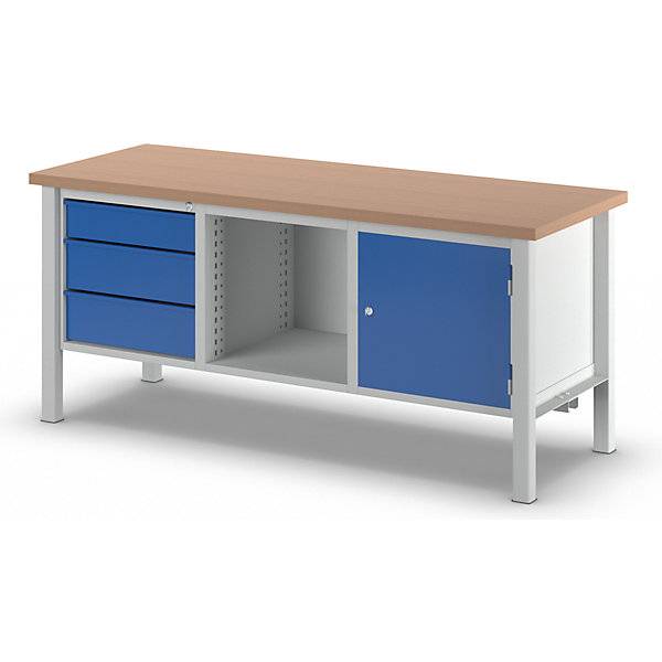 Werkbank Breite 2000 mm 3 Schubladen 1 x 125 / 2 x 175 mm 1 Tür 475 mm lichtgrau/enzianblau. TAKKT Industrial-2