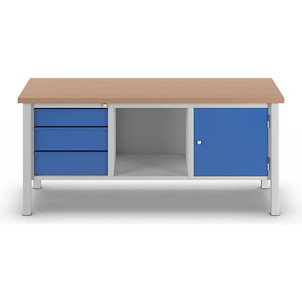 Werkbank Breite 2000 mm 3 Schubladen 1 x 125 / 2 x 175 mm 1 Tür 475 mm lichtgrau/enzianblau. TAKKT Industrial-3