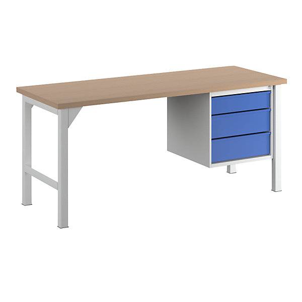 Werkbank Breite 2000 mm 3 Schubladen 1 x 125 / 2 x 175 mm lichtgrau/enzianblau. TAKKT Industrial & Packaging-0