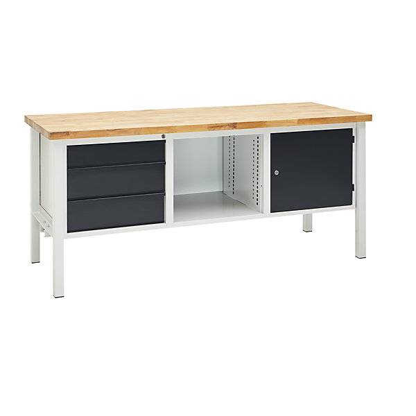 Werkbank Breite 2000 mm 3 Schubladen 1 x 125 / 2 x 175 mm 1 Tür 475 mm lichtgrau/anthrazitgrau. TAKKT-0