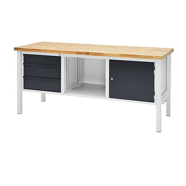 Werkbank Breite 2000 mm 3 Schubladen 1 x 125 / 2 x 175 mm 1 Tür 475 mm lichtgrau/anthrazitgrau. TAKKT-1