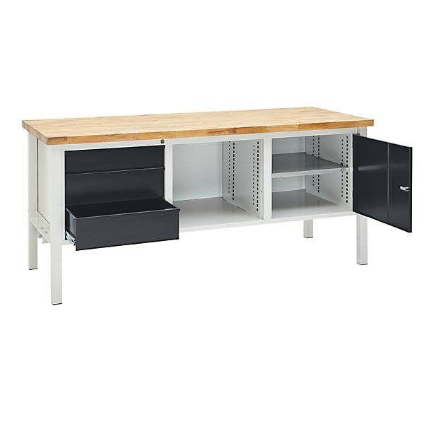 Werkbank Breite 2000 mm 3 Schubladen 1 x 125 / 2 x 175 mm 1 Tür 475 mm lichtgrau/anthrazitgrau. TAKKT-2