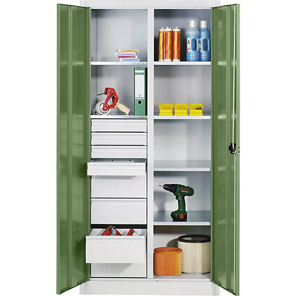 Materialschrank aus Stahlblech 6 Fachböden 8 Schubladen HxBxT 1950 x 1200 x 500 mm Türe resedagrün Korpus-0