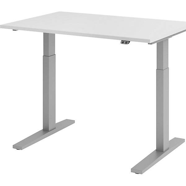 UPLINER-K - Schreibtisch elektrisch höhenverstellbar mit Tastschalter BxT 1200 x 800 mm lichtgrau/alusilber.