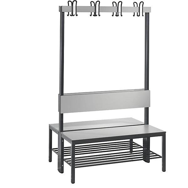 Umkleidebank COMFORT doppelseitig HPL Lehne und Hakenleiste Länge 1000 mm silbergrau Schuhrost. C+P