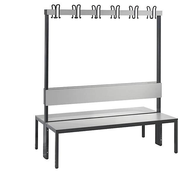 Umkleidebank COMFORT doppelseitig HPL Lehne und Hakenleiste Länge 1500 mm silbergrau. C+P Moebelsysteme |