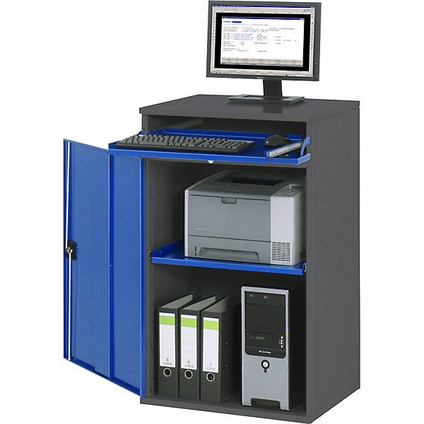 Computer-Arbeitsstation Schrankgehäuse mit 1 Ausziehboden Breite 650 mm anthrazit / enzianblau. Rau GmbH
