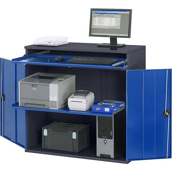 Computer-Arbeitsstation Schrankgehäuse mit 1 Ausziehboden Breite 1100 mm anthrazit / enzianblau. Rau GmbH-0