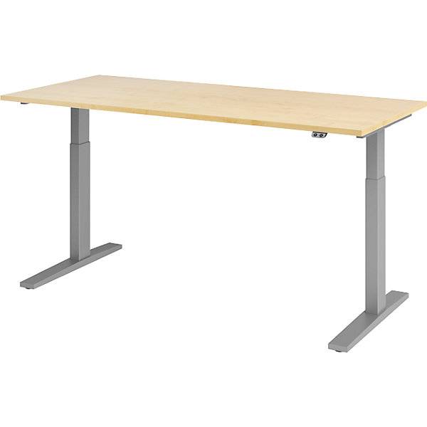 UPLINER-K - Schreibtisch elektrisch höhenverstellbar mit Tastschalter BxT 1800 x 800 mm Ahorn/alusilber.
