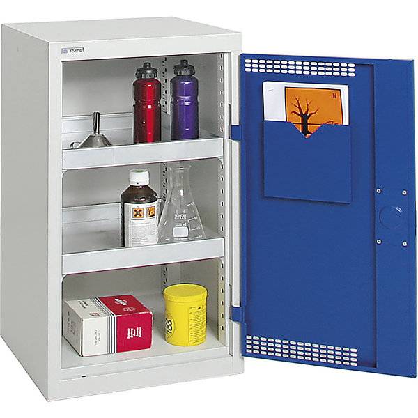 Gefahrstoffschrank, Umweltschrank - 900x500x500 mm - Lüftung - 2 Wannen je 10 Liter - grau/enzianblau-2