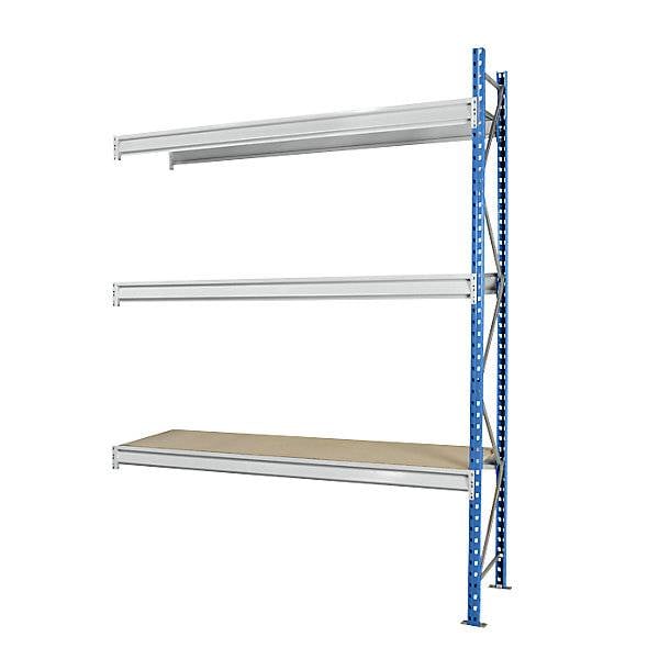 Schwerlast-Großfachregal mit Spanplattenauflagen Rahmenfarbe blau HxBxT 2496 x 2330 x 600 mm Anbauregal. MAN
