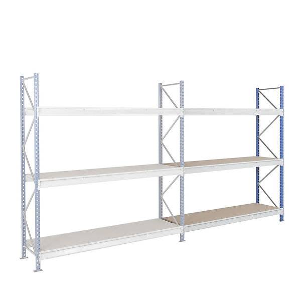 Schwerlast-Großfachregal mit Spanplattenauflagen Rahmenfarbe blau HxBxT 2496 x 2330 x 600 mm Anbauregal. MAN-2