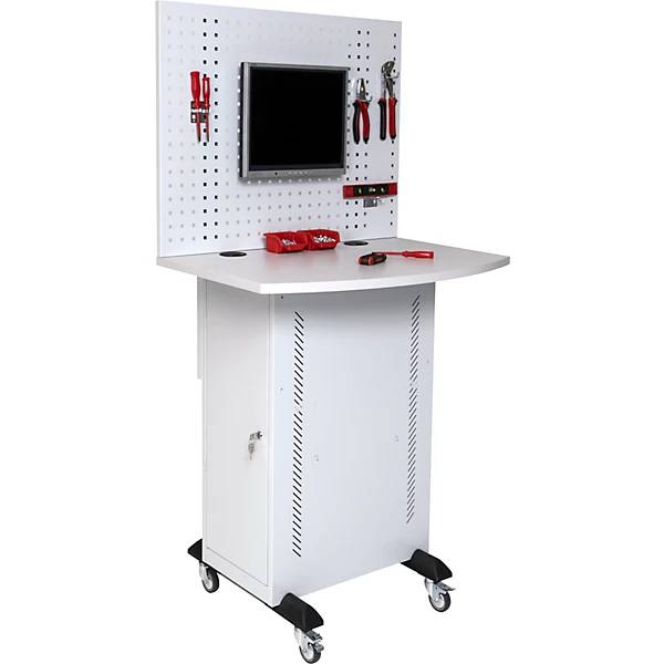Computerschrank mit Arbeitsplatte und Lochwand lichtgrau. TAKKT Industrial & Packaging GmbH 56991849-0