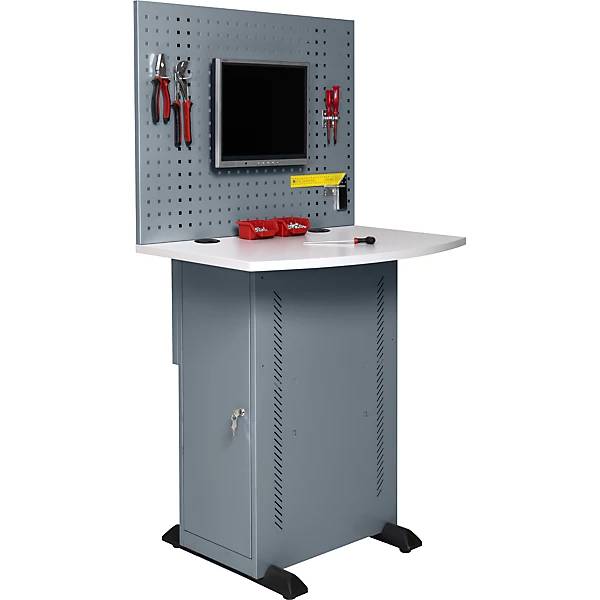 Computerschrank mit Arbeitsplatte und Lochwand blaugrau. TAKKT Industrial & Packaging GmbH 56991949-0