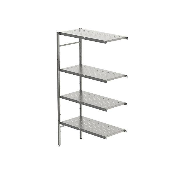 Edelstahl-Steckregal 4 gelochte Fachböden Fachbodenbreite x Tiefe 940 x 440 mm Anbauregal. KEK GmbH 58846649-2