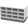 Sitover-Garderobenbank doppelseitig melaminbeschichtet 2 x 9 Fächer Länge 820 mm weiß Edelstahlsockel.