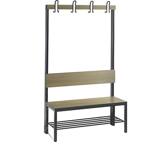 Umkleidebank COMFORT einseitig HPL Lehne und Hakenleiste Länge 1000 mm Dekor Eiche Schuhrost. C+P