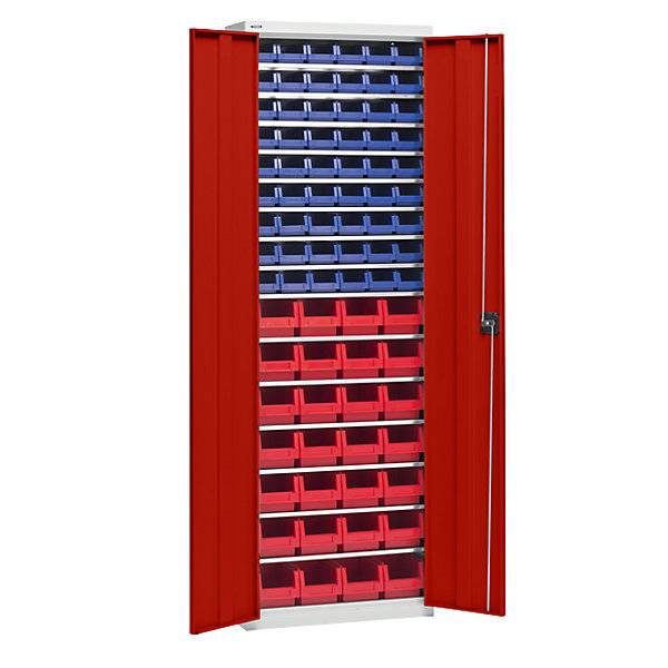 Materialschrank mit Lagerkästen Höhe 2000 mm 15 Fachböden lichtgrau / verkehrsrot. TAKKT Industrial & Packaging