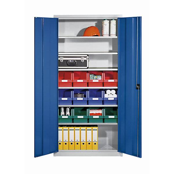 Materialschrank aus Stahlblech mit 12 Sichtlagerkästen lichtgrau RAL 7035 / enzianblau RAL 5010. TAKKT-0