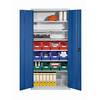 Materialschrank aus Stahlblech mit 12 Sichtlagerkästen lichtgrau RAL 7035 / enzianblau RAL 5010. TAKKT