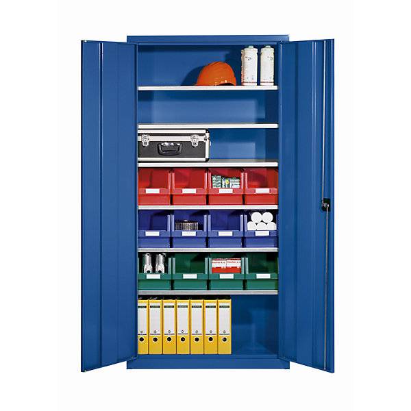 Materialschrank aus Stahlblech mit 12 Sichtlagerkästen enzianblau RAL 5010. TAKKT Industrial & Packaging GmbH-0