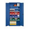 Materialschrank aus Stahlblech mit 12 Sichtlagerkästen enzianblau RAL 5010. TAKKT Industrial & Packaging GmbH