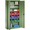 Materialschrank aus Stahlblech mit 12 Sichtlagerkästen resedagrün RAL 6011. eurokraft pro 61018449