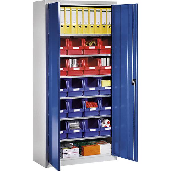 Materialschrank aus Stahlblech mit 20 Sichtlagerkästen lichtgrau RAL 7035 / enzianblau RAL 5010. TAKKT