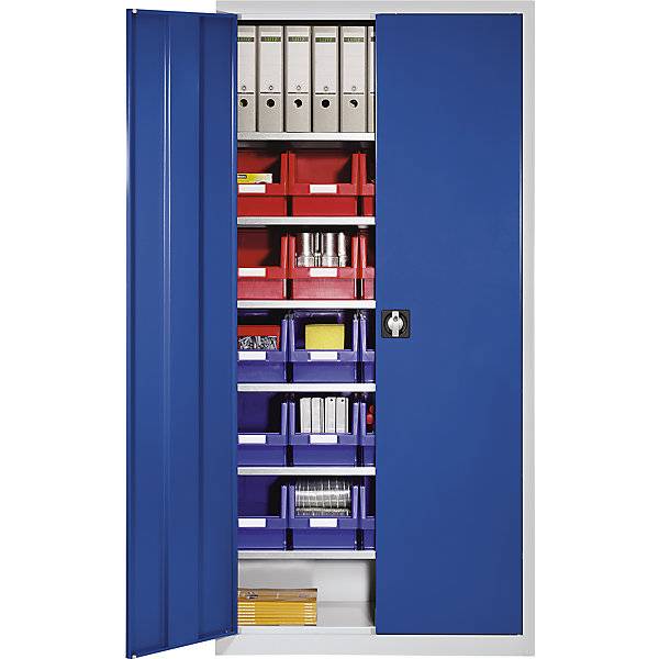 Materialschrank aus Stahlblech mit 20 Sichtlagerkästen lichtgrau RAL 7035 / enzianblau RAL 5010. TAKKT-1