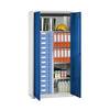 Material- und Schubladenschrank 4 Fachböden 13 Schubladen lichtgrau RAL 7035 / enzianblau RAL 5010. TAKKT