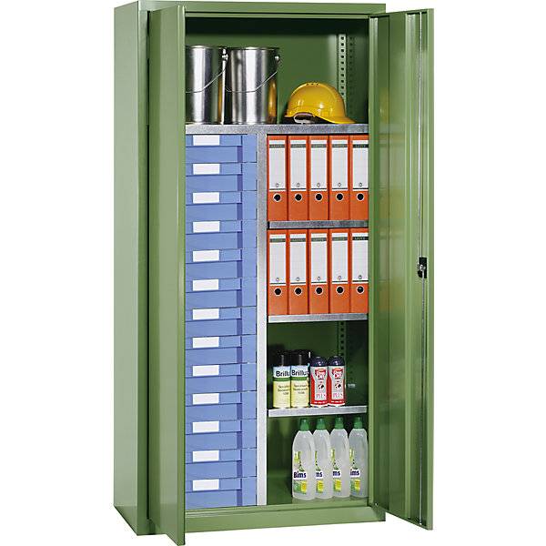 Material- und Schubladenschrank 4 Fachböden 13 Schubladen lichtgrau RAL 7035 / verkehrsrot RAL 3020. TAKKT-1