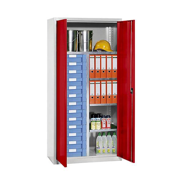 Material- und Schubladenschrank 4 Fachböden 13 Schubladen lichtgrau RAL 7035 / verkehrsrot RAL 3020. TAKKT-0
